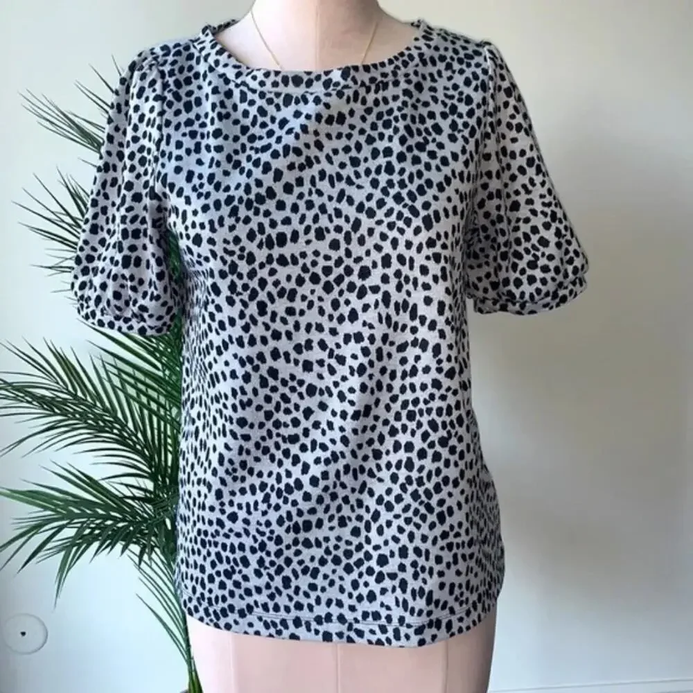 LOFT Dotted Print Knit Blouse Puff Sleeves Top Gray Casual Career Relaxed